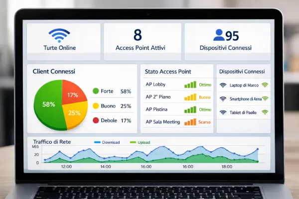 Dashboard di gestione rete Wi-Fi con access point e dispositivi connessi e monitoraggio del segnale