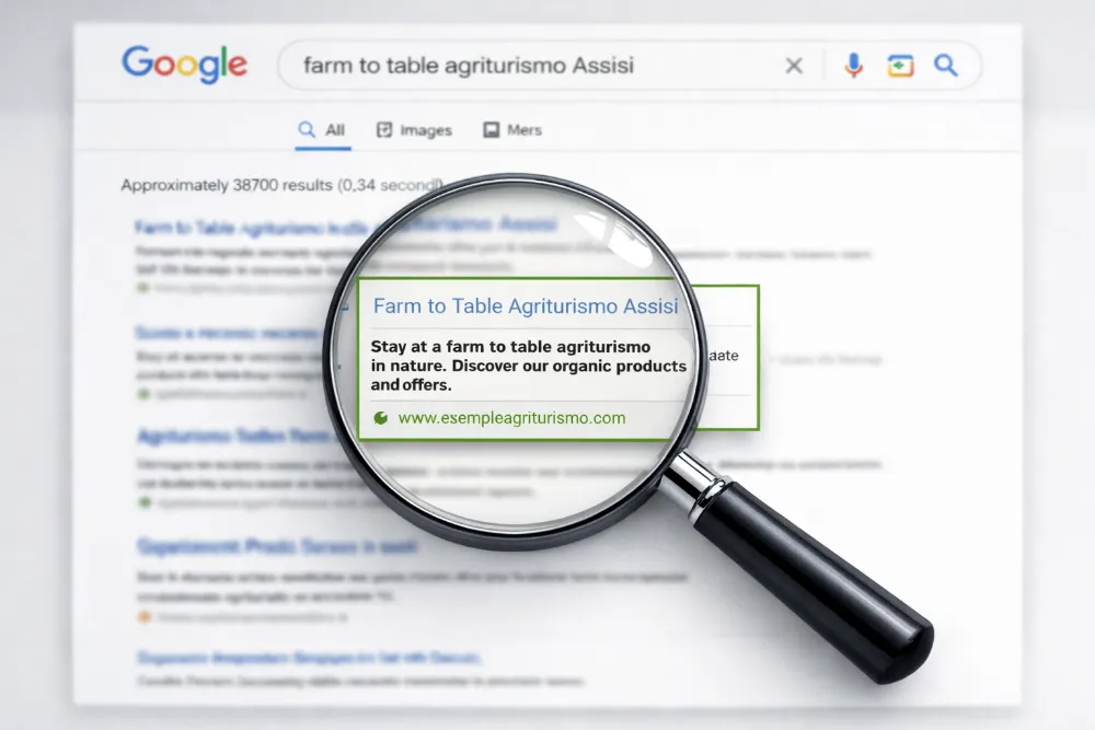 Google search for agriturismo km zero Assisi with highlighted result and magnifying glass