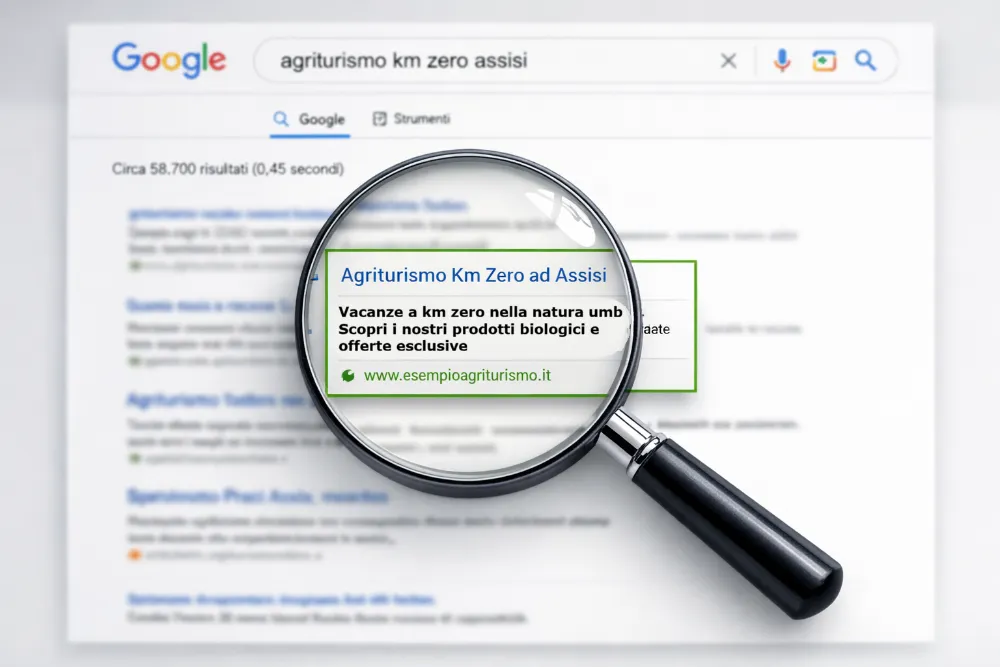 Ricerca Google agriturismo km zero Assisi con risultato evidenziato e lente di ingrandimento